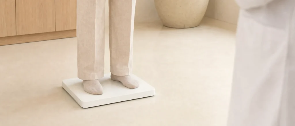 Symbolbild, mit KI erstellt: Person in Leinenhose steht in Socken auf einer flachen weißen Waage in einem hellen Praxisraum